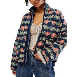 Women’s Navy Cropped Puffer Jacket Floral Printed Quilted Lightweight Coat